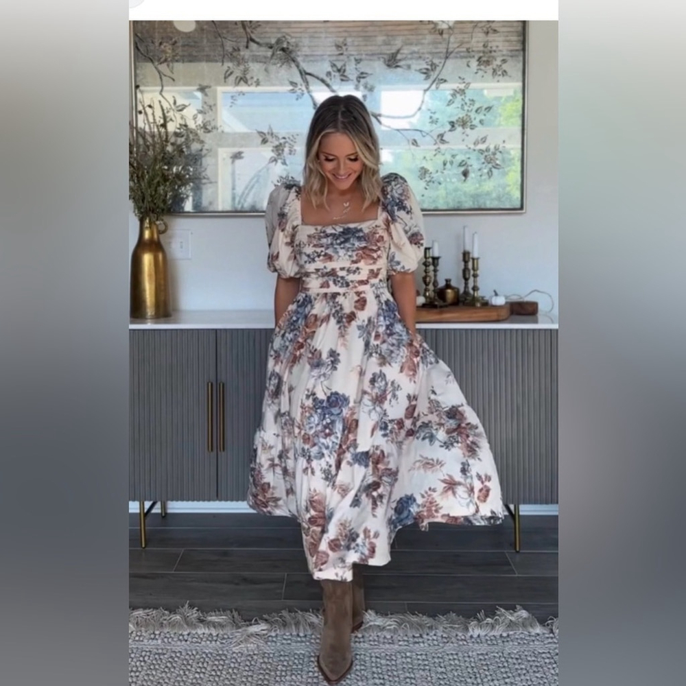 Abercrombie & Fitch The Emerson Poplin Puff Sleeve Midi Dress — Smocked Back m - Picture 2 of 14
